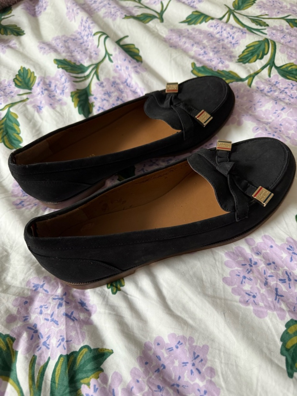 Tommy Hilfiger Black Suede Bow Loafers with Gold Accents